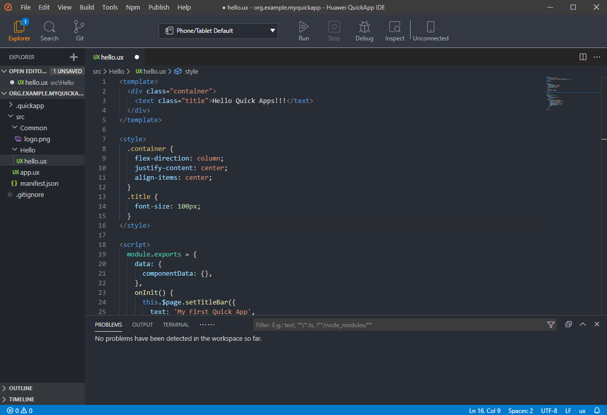 Quick App IDE screenshot: view of the editor of the page